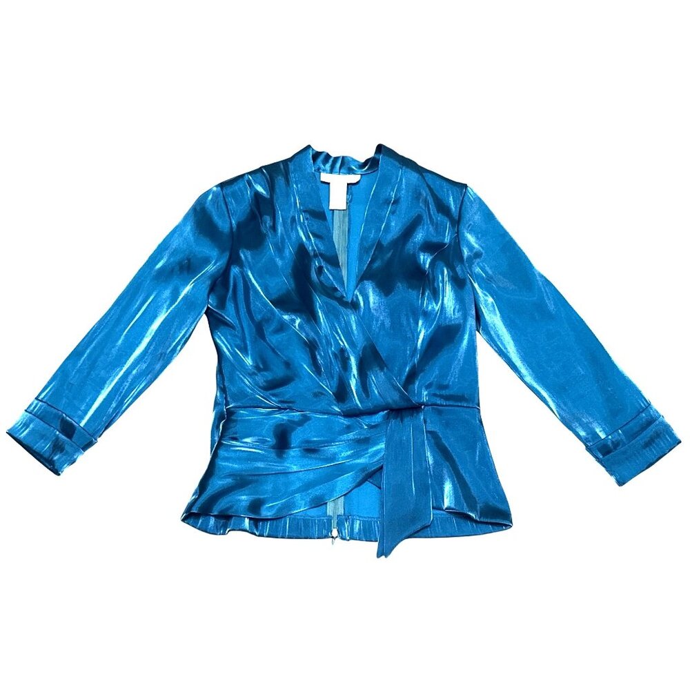 Jackie Jon New York Size 6 Teal Satin Wrap Tie Waist Top Back Zipper Luxe Shine - Picture 10 of 12
